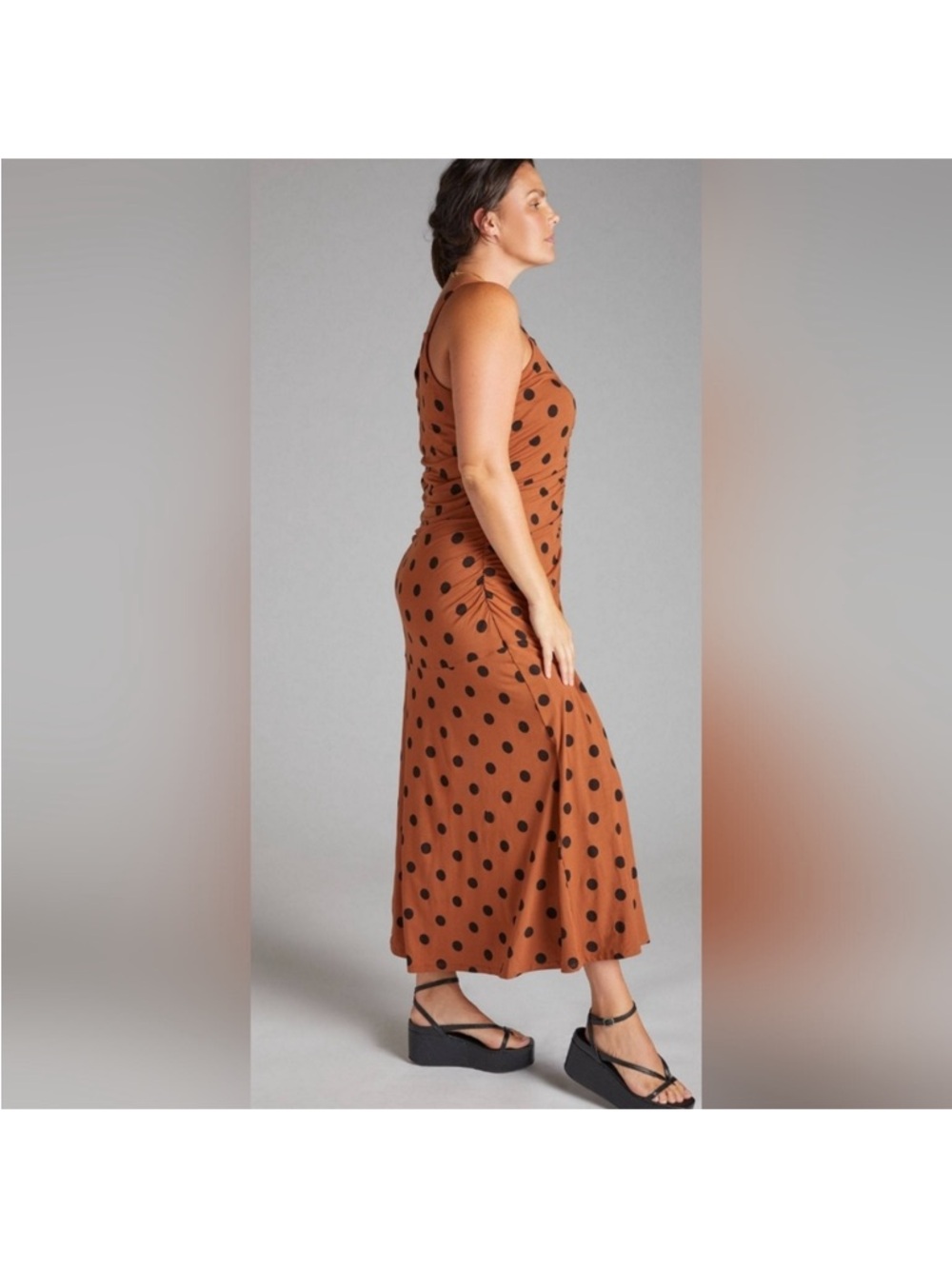 NWT Anthropologie Polka Dot Ruched Midi Dress, Size XS - Picture 3 of 12